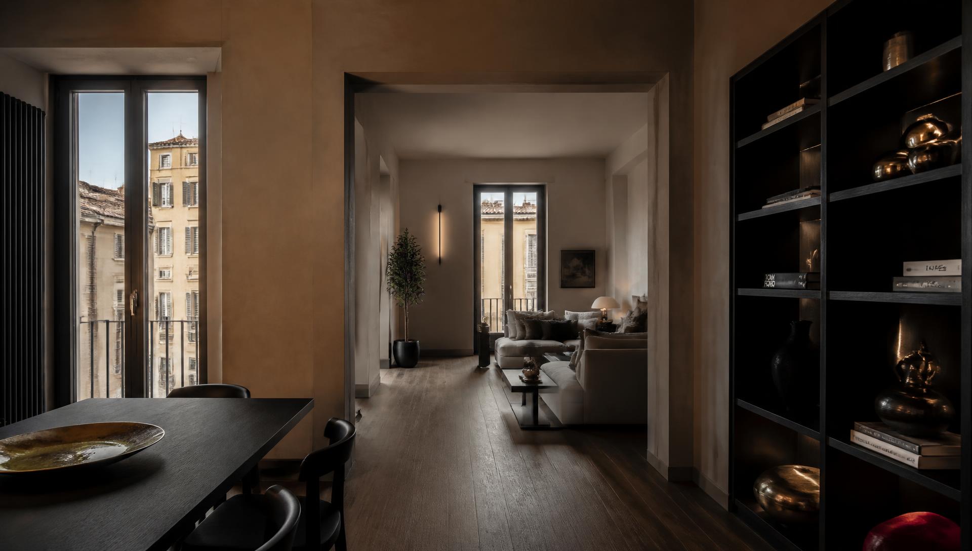 Interno di un appartamento ristrutturato a Roma con grandi finestre